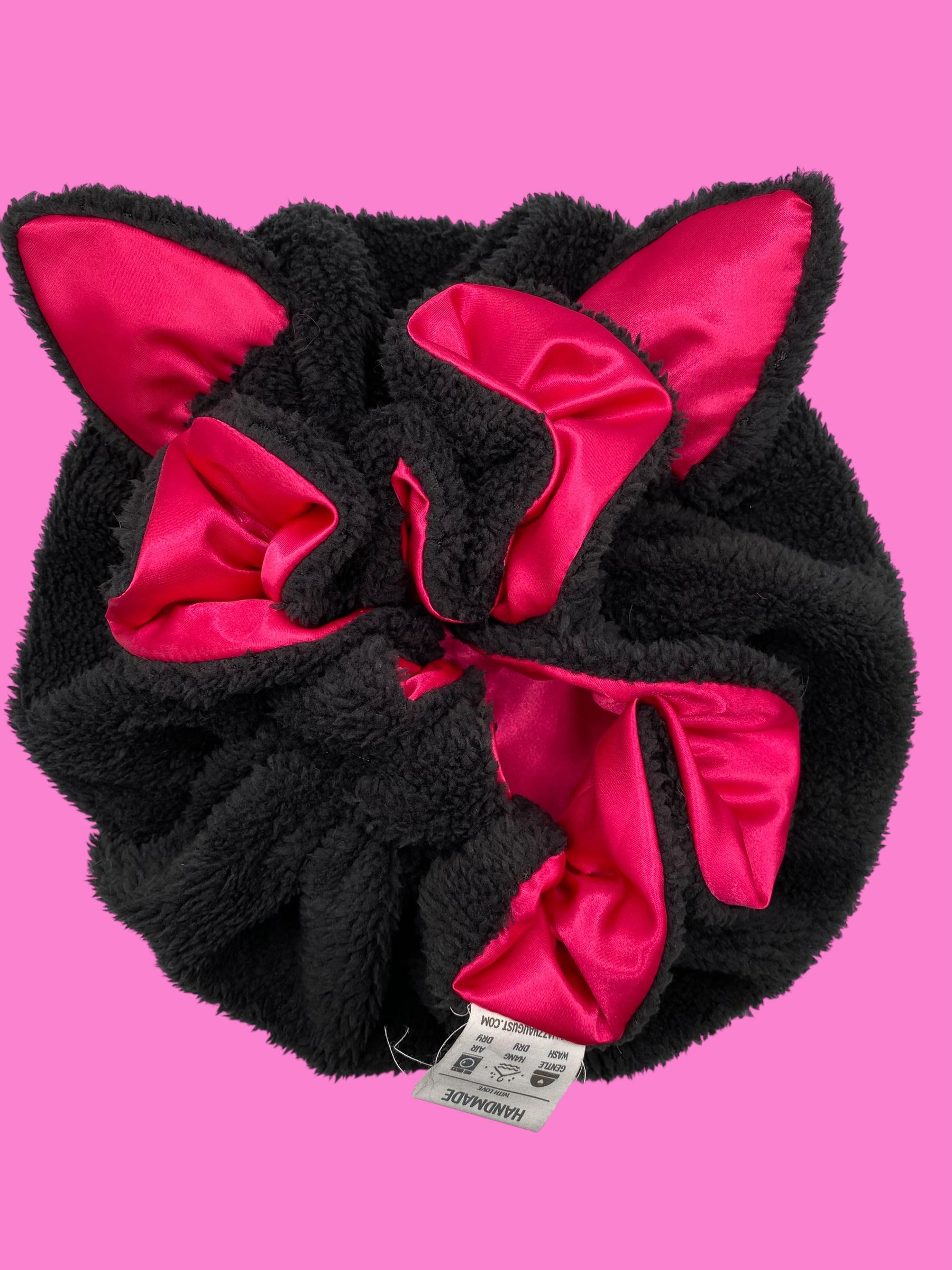 Adjustable Handmade Sherpa Cat Bonnet: Pink Satin Lined  display picture 3