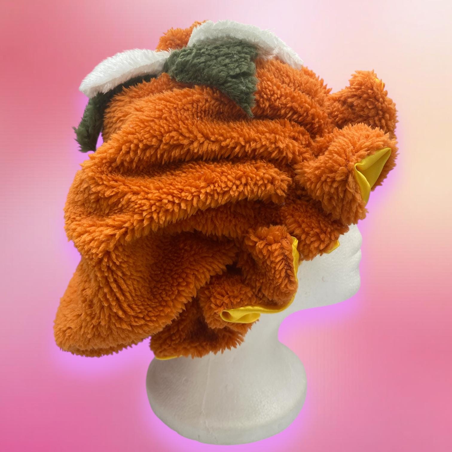 Orange Bloom  Luxe  Fur Bonnet: Yellow Satin Liner © 2025 Jazzy August Ajustable Orange Blossom Faux Sherpa Bonnet: Satin Lined  main image 3