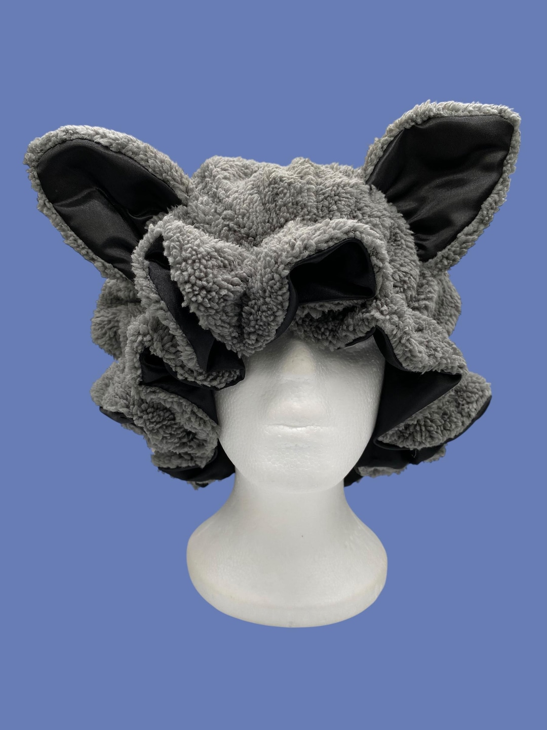 Handmade Gray Sherpa Wolf Hair Bonnet with Black Satin Lining Wolf Sherpa Bonnet: Handmade Animal Satin Lined Sleeping Cap  main image 4