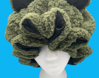 Adjustable Handmade Green Frog Bonnet: Faux Sherpa with Black Satin Lining