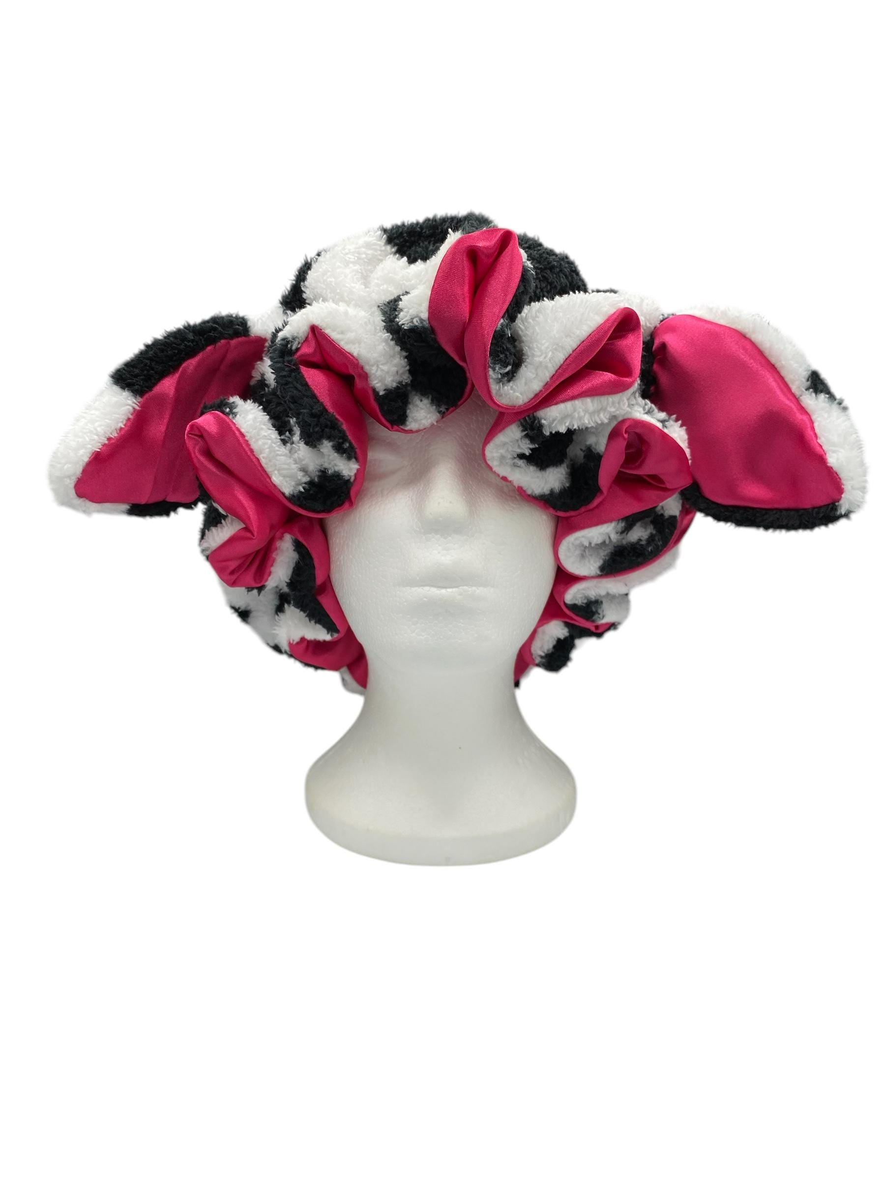Handmade Cow Bonnet: Faux Sherpa & Pink Satin Sleeping Hair Bonnet