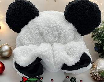 Black and White Panda Bear Bonnet with Black Satin Lining and Rhinestones Ears Adjustable Handmade Panda Bear Bonnet: Sherpa & Satin  main image 2