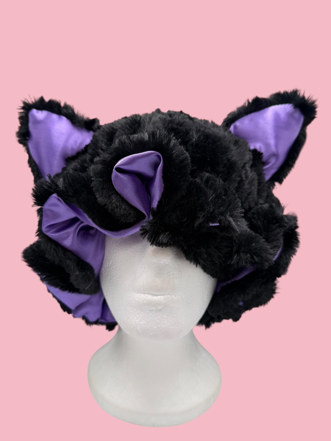 Adjustable Black Cat Faux Luxe Fur Bonnet: Handmade Purple Satin Lined Sleeping Cap - Etsy
