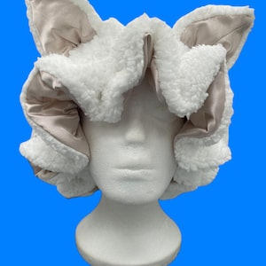 Handmade White Sherpa Dire Wolf Bonnet: Satin Lined Animal Bonnet