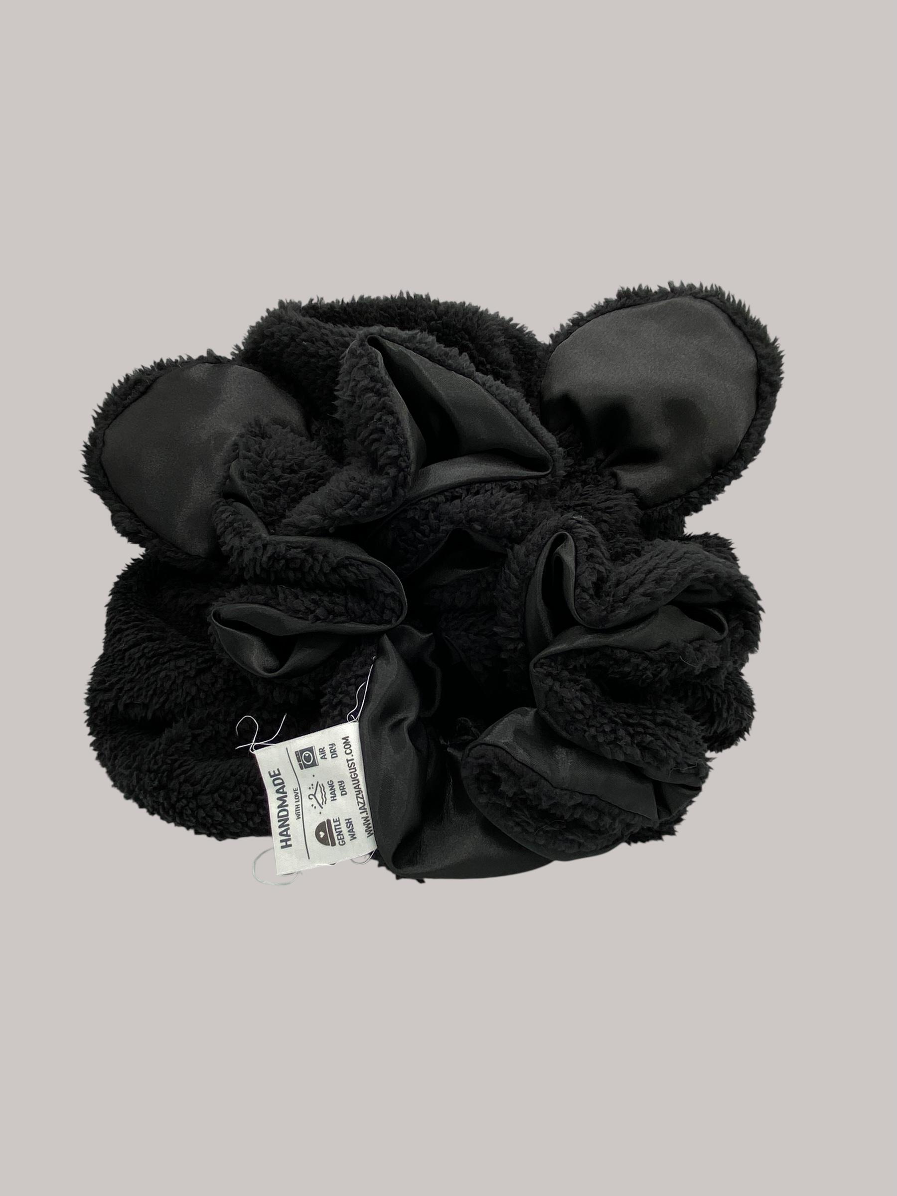 Handmade Black Bear Bonnet with Black Satin Lining Black Bear Faux Sherpa Bonnet: Handmade Satin Lined Sleeping  main image 2