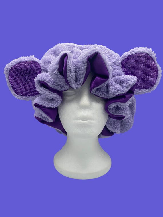 Adjustable Rhinestone Bear Bonnet: Purple Faux Sherpa Satin-Lined Sleeping Bonnet