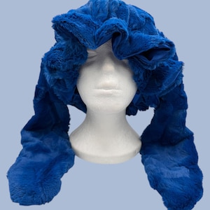 Adjustable Handmade Blue Faux Fur Rabbit Bonnet: Lux Blue Satin Lined Sleeping Cap