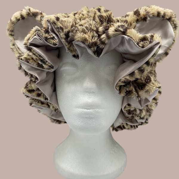 Handmade Leopard Faux Fur Bonnet: Mauve Satin Lined Sleeping Bonnet