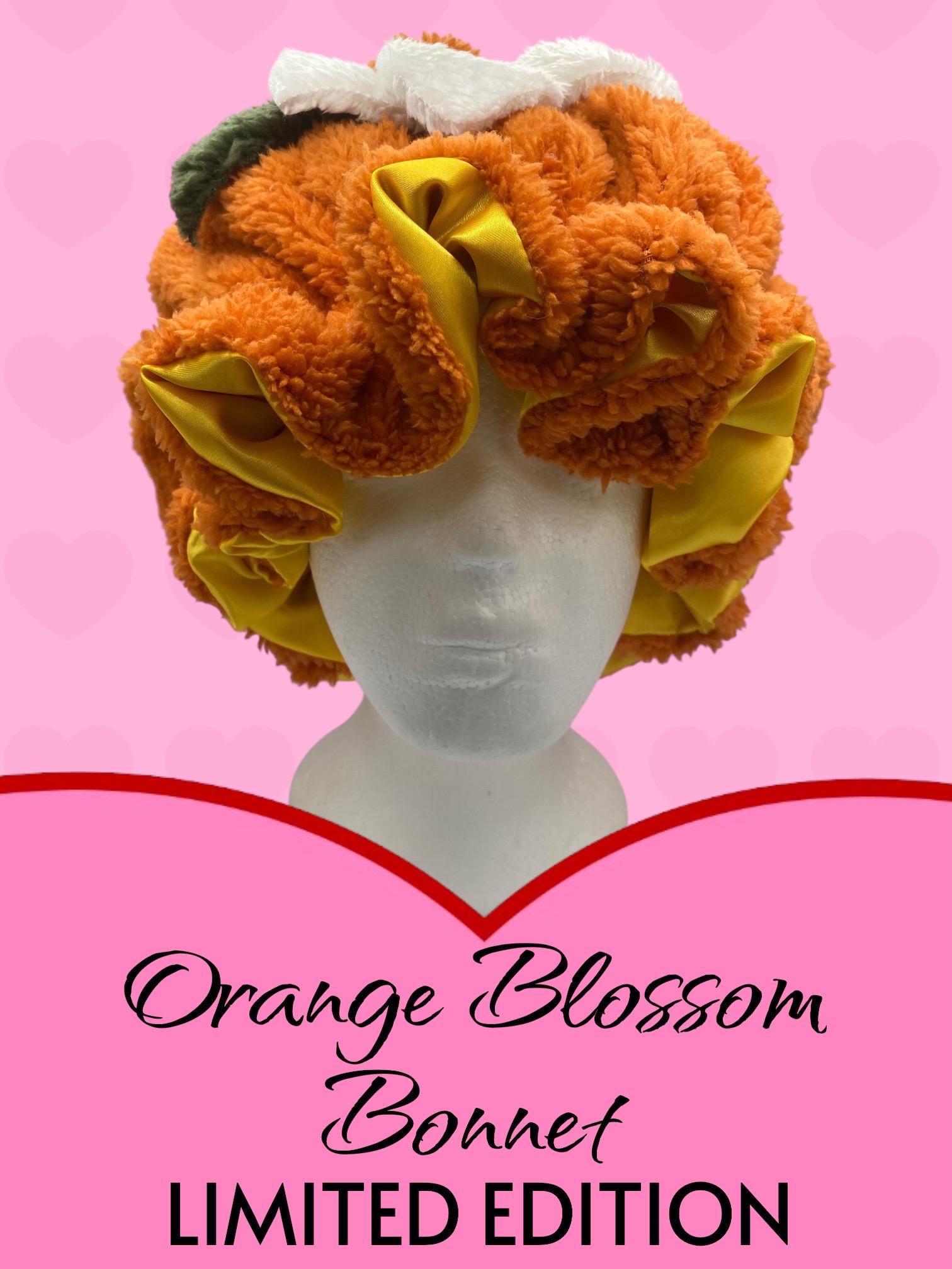 Orange Bloom  Luxe  Fur Bonnet: Yellow Satin Liner © 2025 Jazzy August Ajustable Orange Blossom Faux Sherpa Bonnet: Satin Lined  main image 4