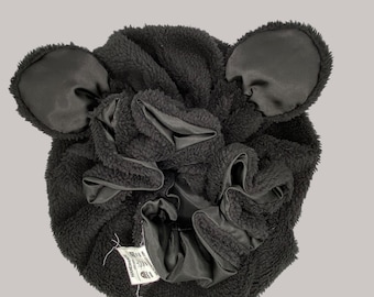 Handmade Black Bear Bonnet with Black Satin Lining Black Bear Faux Sherpa Bonnet: Handmade Satin Lined Sleeping  main image 4