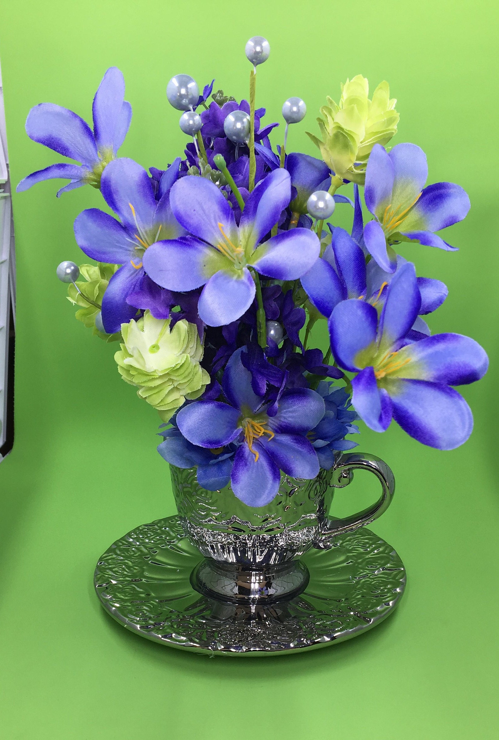 Teacup Centerpiece Purple Floral Arrangement Silver Teacup | Etsy
