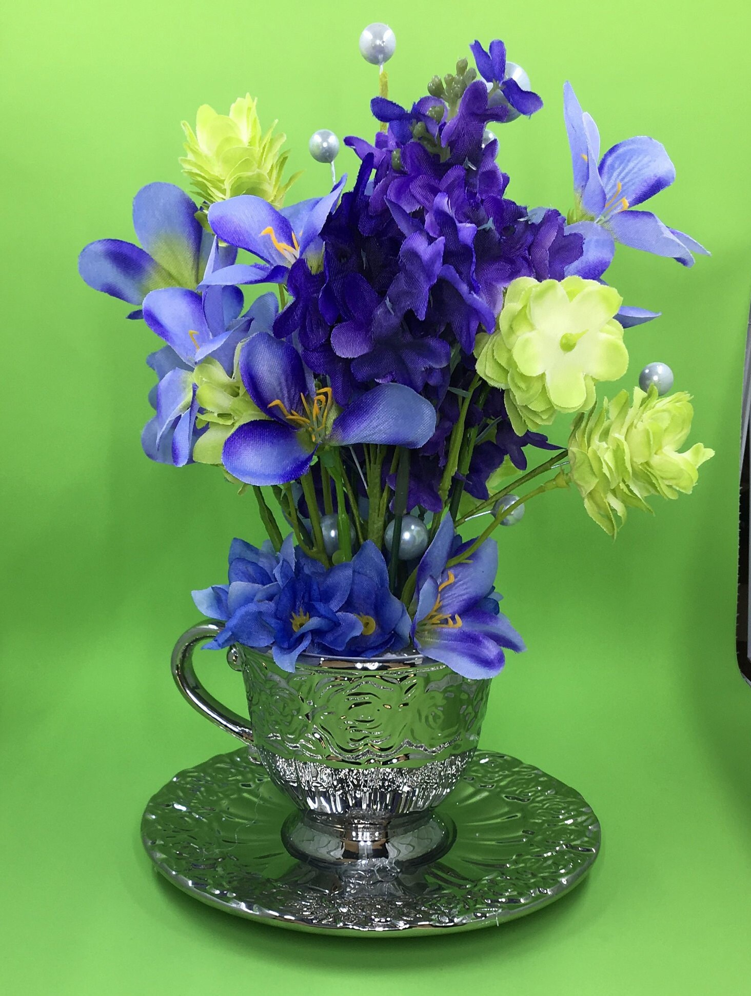 Teacup Centerpiece Purple Floral Arrangement Silver Teacup | Etsy