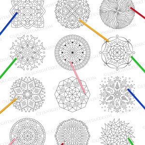 May include: A preview of an easy mandala coloring book with nine different mandala designs. Each mandala is outlined in black and ready to be colored. The designs include geometric shapes, flowers, and snowflakes.