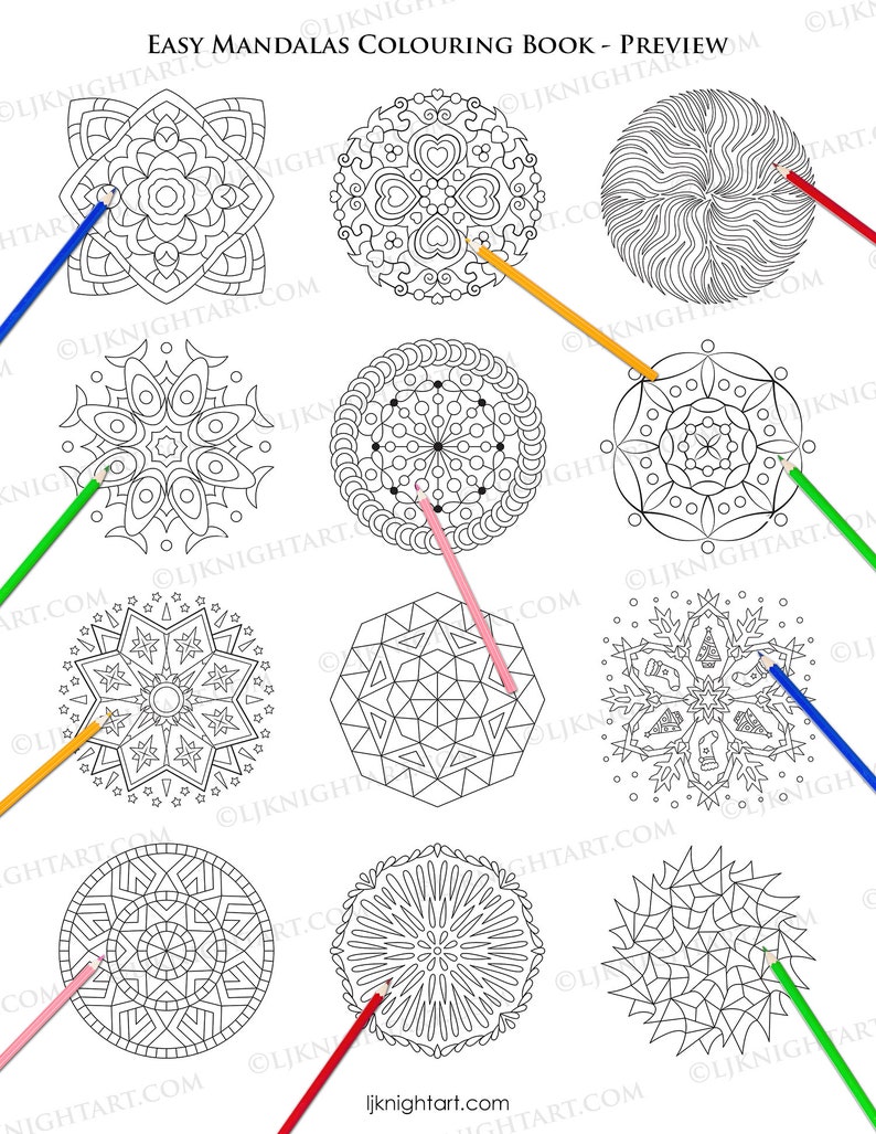 May include: A preview of an easy mandala coloring book with nine different mandala designs. Each mandala is outlined in black and ready to be colored. The designs include geometric shapes, flowers, and snowflakes.