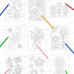 May include: A coloring book preview featuring ten black and white illustrations of various flowers. The illustrations include a single flower, a bouquet of flowers in a vase, and a variety of floral patterns.
