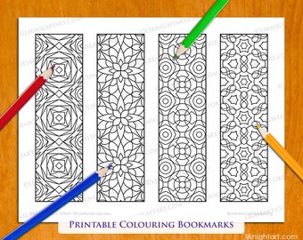 4 Colouring Bookmarks with Abstract Geometric Patterns  - Colorable Printable Digital Download