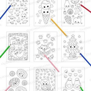 May include: A coloring book preview featuring cute and easy kawaii illustrations. The pages include images of ice cream, fruit, a sloth, a cat in a box, a Christmas tree, donuts, an owl, and avocados.