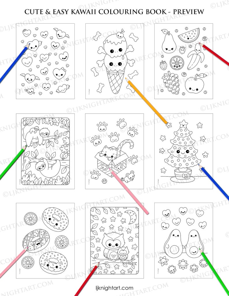 May include: A coloring book preview featuring cute and easy kawaii illustrations. The pages include images of ice cream, fruit, a sloth, a cat in a box, a Christmas tree, donuts, an owl, and avocados.