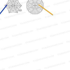 May include: A black and white coloring book page featuring a mandala design. The page is part of an "Easy Mandalas Coloring Book - Preview" book. A blue pencil is shown on the left side of the page and a yellow pencil is shown on the right side of the page.
