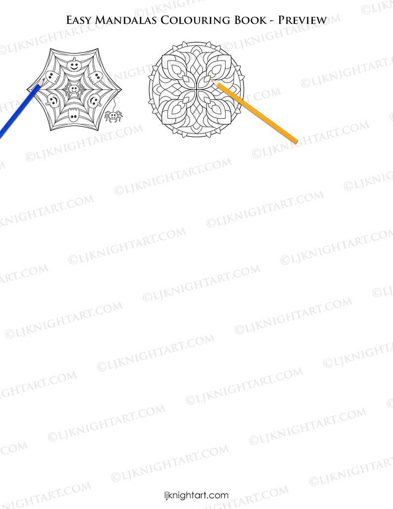 May include: A black and white coloring book page featuring a mandala design. The page is part of an "Easy Mandalas Coloring Book - Preview" book. A blue pencil is shown on the left side of the page and a yellow pencil is shown on the right side of the page.