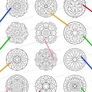 May include: A coloring book with nine black and white flower mandalas. Each mandala is surrounded by a colored pencil, with the pencils in different colors, including red, green, blue, yellow, and pink.
