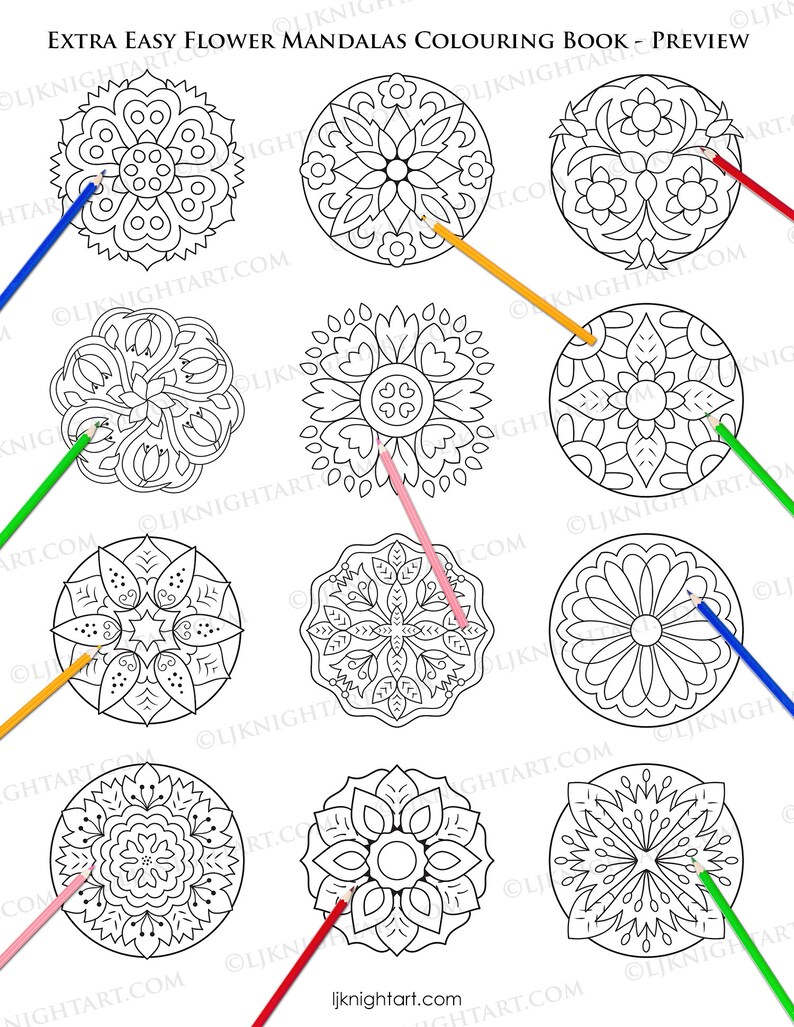 May include: A coloring book with nine black and white flower mandalas. Each mandala is surrounded by a colored pencil, with the pencils in different colors, including red, green, blue, yellow, and pink.