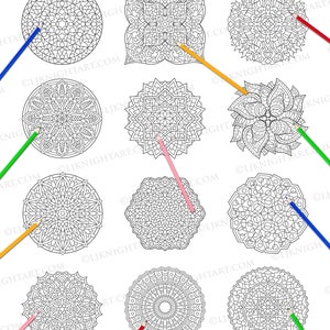 May include: A coloring book page with 10 different mandala designs. The mandalas are black and white and are ready to be colored in. The page is titled "Abstract Mandalas Coloring Book - Preview".