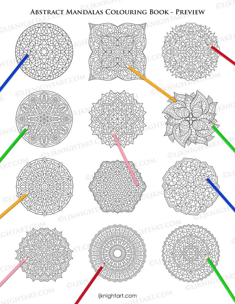 May include: A coloring book page with 10 different mandala designs. The mandalas are black and white and are ready to be colored in. The page is titled "Abstract Mandalas Coloring Book - Preview".