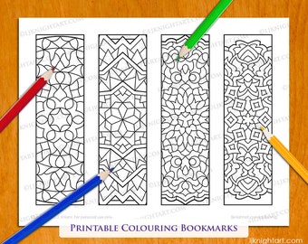 4 Printable Colouring Bookmarks with Abstract Mandala Geometric Designs - Digital Download