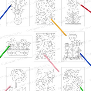 May include: A coloring book with six pages featuring different flower designs. Each page has a pencil drawn on it, suggesting that the book is for coloring.