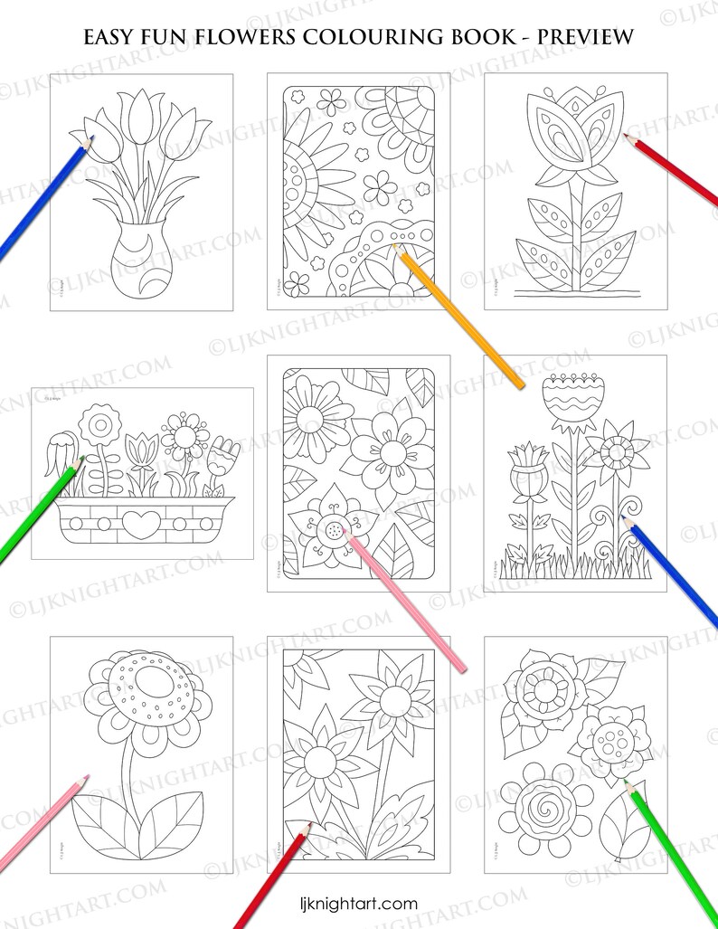 May include: A coloring book with six pages featuring different flower designs. Each page has a pencil drawn on it, suggesting that the book is for coloring.
