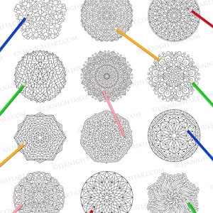 May include: Nine black and white mandala designs for coloring. Each mandala is surrounded by a colored pencil.
