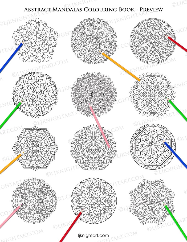 May include: Nine black and white mandala designs for coloring. Each mandala is surrounded by a colored pencil.