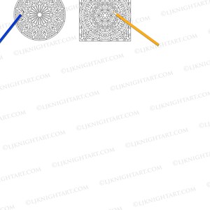 May include: Two black and white mandala designs for coloring. The first mandala is circular and the second is square. A yellow pencil is shown coloring in the square mandala.