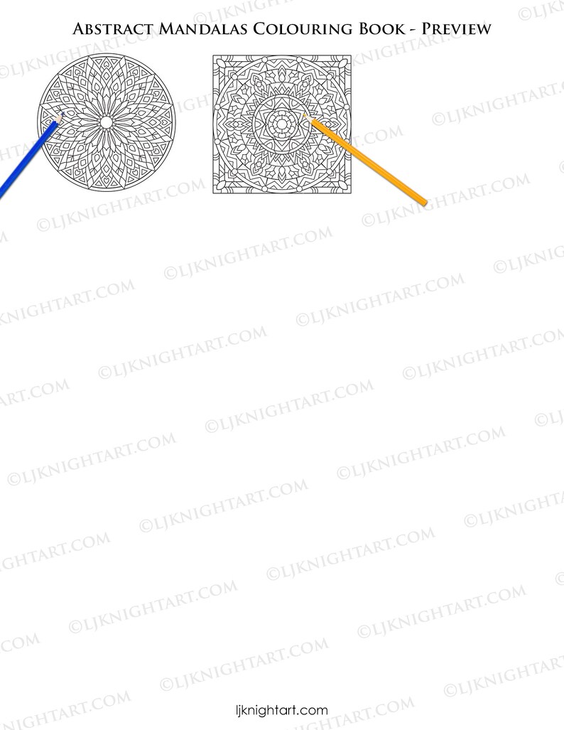 May include: Two black and white mandala designs for coloring. The first mandala is circular and the second is square. A yellow pencil is shown coloring in the square mandala.