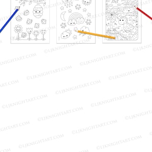 May include: A coloring book preview with three pages featuring cute kawaii illustrations. The first page shows a beehive with bees and flowers. The second page shows a rainbow, clouds, stars, and a moon. The third page shows a volcano, a dinosaur, and a palm tree.