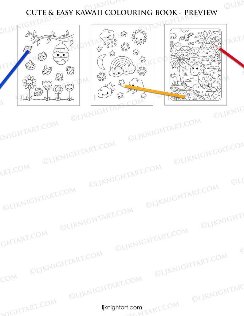 May include: A coloring book preview with three pages featuring cute kawaii illustrations. The first page shows a beehive with bees and flowers. The second page shows a rainbow, clouds, stars, and a moon. The third page shows a volcano, a dinosaur, and a palm tree.