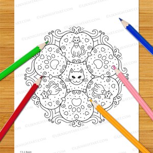 May include: A black and white coloring page featuring a cat mandala. The mandala is made up of cats, hearts, and paw prints. The design is intricate and detailed, making it a fun and challenging coloring project.