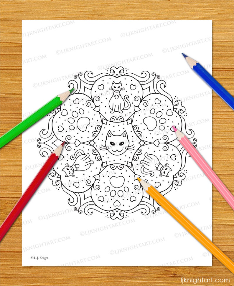 May include: A black and white coloring page featuring a cat mandala. The mandala is made up of cats, hearts, and paw prints. The design is intricate and detailed, making it a fun and challenging coloring project.