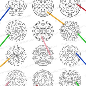 May include: A coloring book with the title "Extra Easy Flower Mandalas Coloring Book - Preview". The book features nine black and white flower mandalas with colored pencils drawn on top of them.