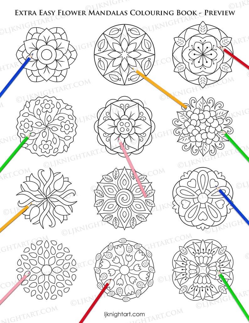 May include: A coloring book with the title "Extra Easy Flower Mandalas Coloring Book - Preview". The book features nine black and white flower mandalas with colored pencils drawn on top of them.