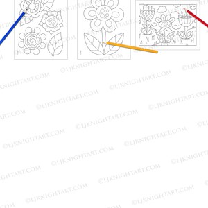May include: A coloring book preview with three pages featuring black and white line drawings of flowers. The first page has a large flower with a smaller flower and leaf. The second page has a large flower with two leaves. The third page has three flowers with leaves and clouds.
