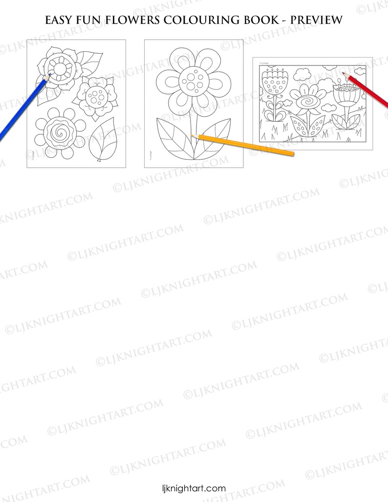 May include: A coloring book preview with three pages featuring black and white line drawings of flowers. The first page has a large flower with a smaller flower and leaf. The second page has a large flower with two leaves. The third page has three flowers with leaves and clouds.