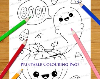 Cute Kawaii Halloween PRINTABLE Colouring Page - Easy Pumpkin & Ghost PDF JPG Digital Download For Beginners, Adults and Kids