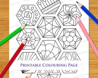 Hexagon Doodle Colouring Page - Easy Abstract Printable Digital PDF Download For Adults, Beginners and Kids