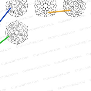 May include: A coloring book page with four black and white flower mandalas. The page is titled "Extra Easy Flower Mandalas Coloring Book - Preview".
