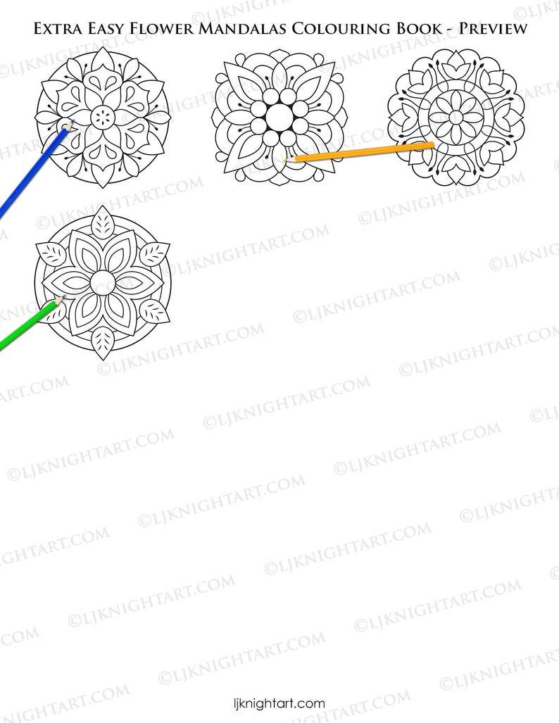 May include: A coloring book page with four black and white flower mandalas. The page is titled "Extra Easy Flower Mandalas Coloring Book - Preview".