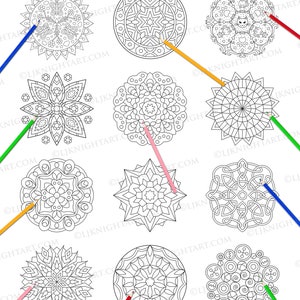 May include: A coloring book preview featuring nine black and white mandala designs. Each mandala is surrounded by a colored pencil, suggesting the book is for coloring.