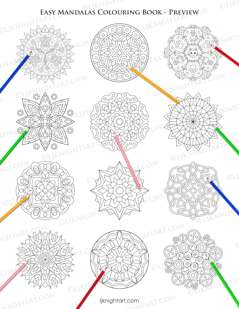 May include: A coloring book preview featuring nine black and white mandala designs. Each mandala is surrounded by a colored pencil, suggesting the book is for coloring.