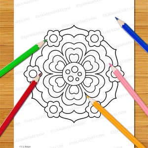 May include: A black and white mandala coloring page with a floral design. The mandala has a central flower with six petals and a circle in the center. The flower is surrounded by a ring of smaller flowers.